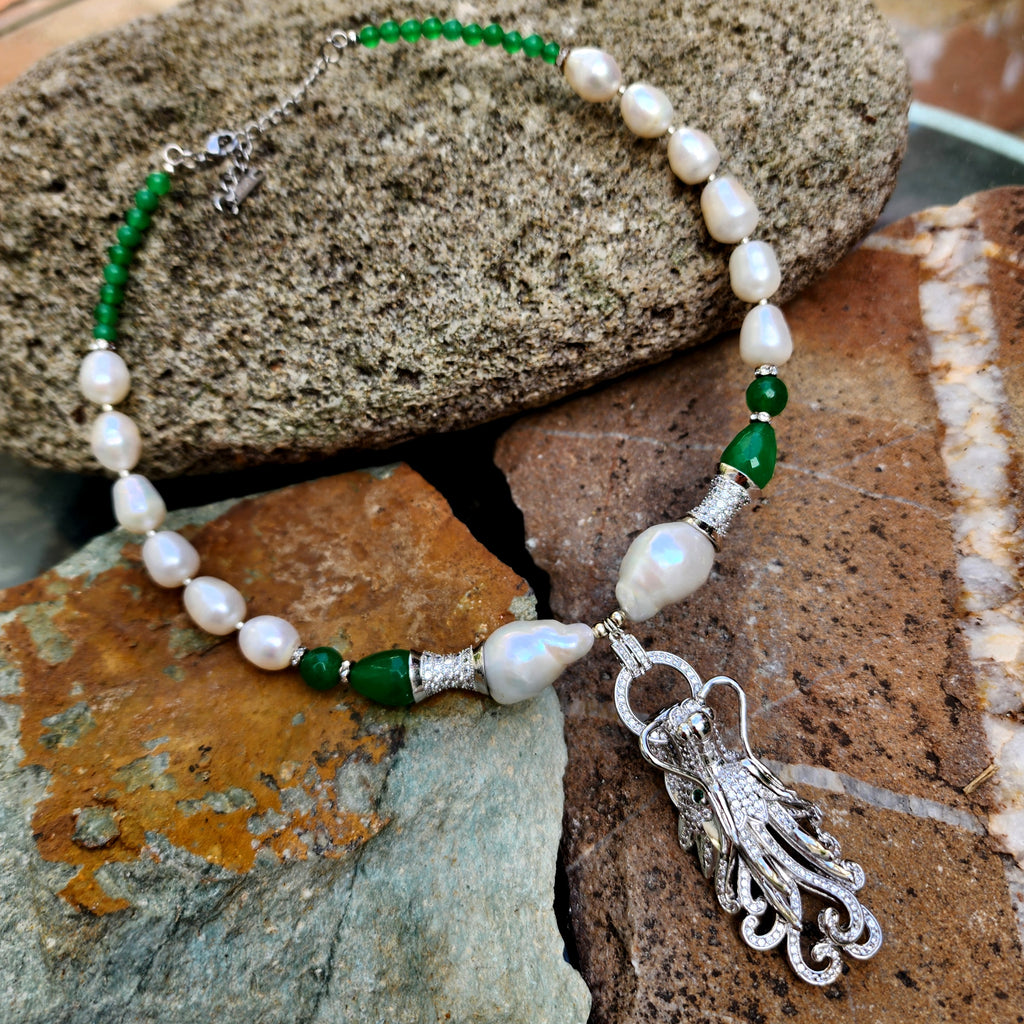 Dragon Jade / Designer Jewelry Silver Dragon Pendant Large Genuine Baroque Pearl Unique Jade Jewelry Gift For Lady Big Pearl Necklace