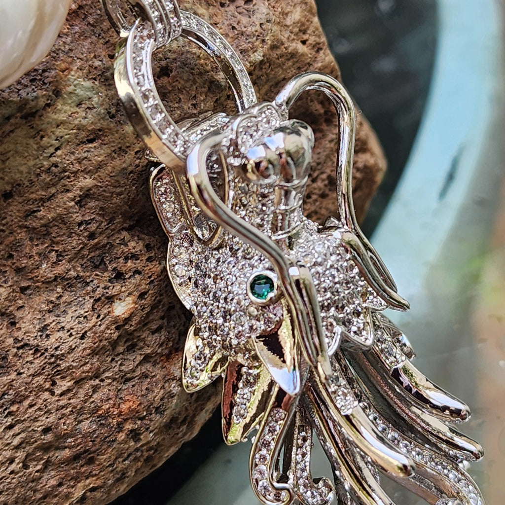 Dragon Jade / Designer Jewelry Silver Dragon Pendant Large Genuine Baroque Pearl Unique Jade Jewelry Gift For Lady Big Pearl Necklace