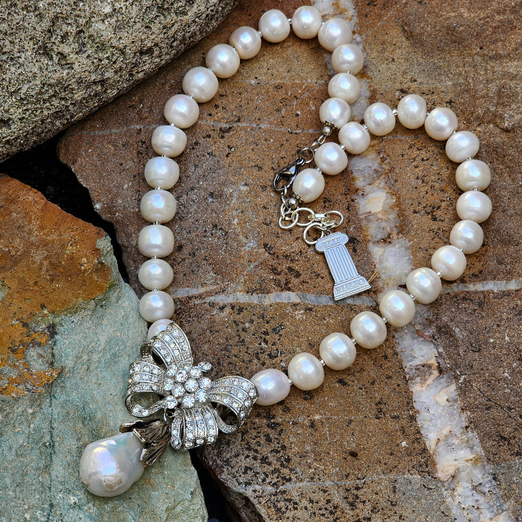 Drop Gorgeous / Classic Pearls Silver Necklace For Women Bow Necklace Large Baroque Pearl Pendant Unique Pearls Jewelry Gift For Lady