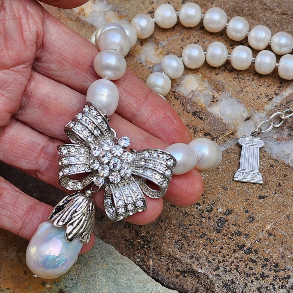 Drop Gorgeous / Classic Pearls Silver Necklace For Women Bow Necklace Large Baroque Pearl Pendant Unique Pearls Jewelry Gift For Lady