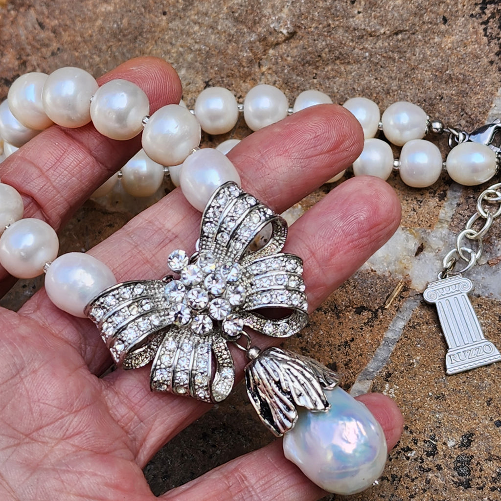 Drop Gorgeous / Classic Pearls Silver Necklace For Women Bow Necklace Large Baroque Pearl Pendant Unique Pearls Jewelry Gift For Lady