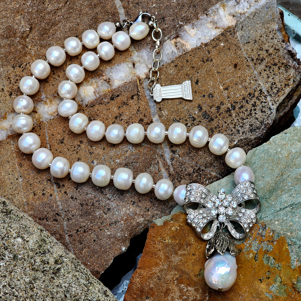 Drop Gorgeous / Classic Pearls Silver Necklace For Women Bow Necklace Large Baroque Pearl Pendant Unique Pearls Jewelry Gift For Lady