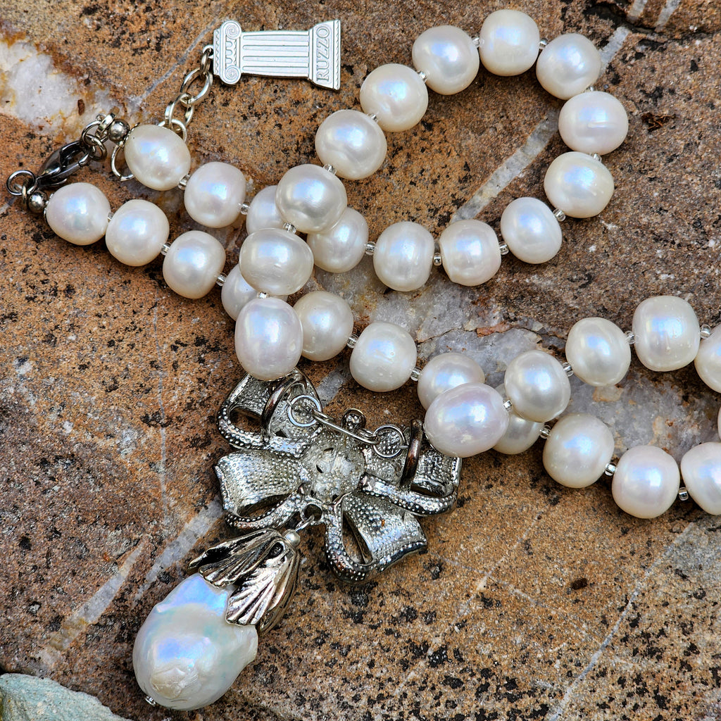 Drop Gorgeous / Classic Pearls Silver Necklace For Women Bow Necklace Large Baroque Pearl Pendant Unique Pearls Jewelry Gift For Lady