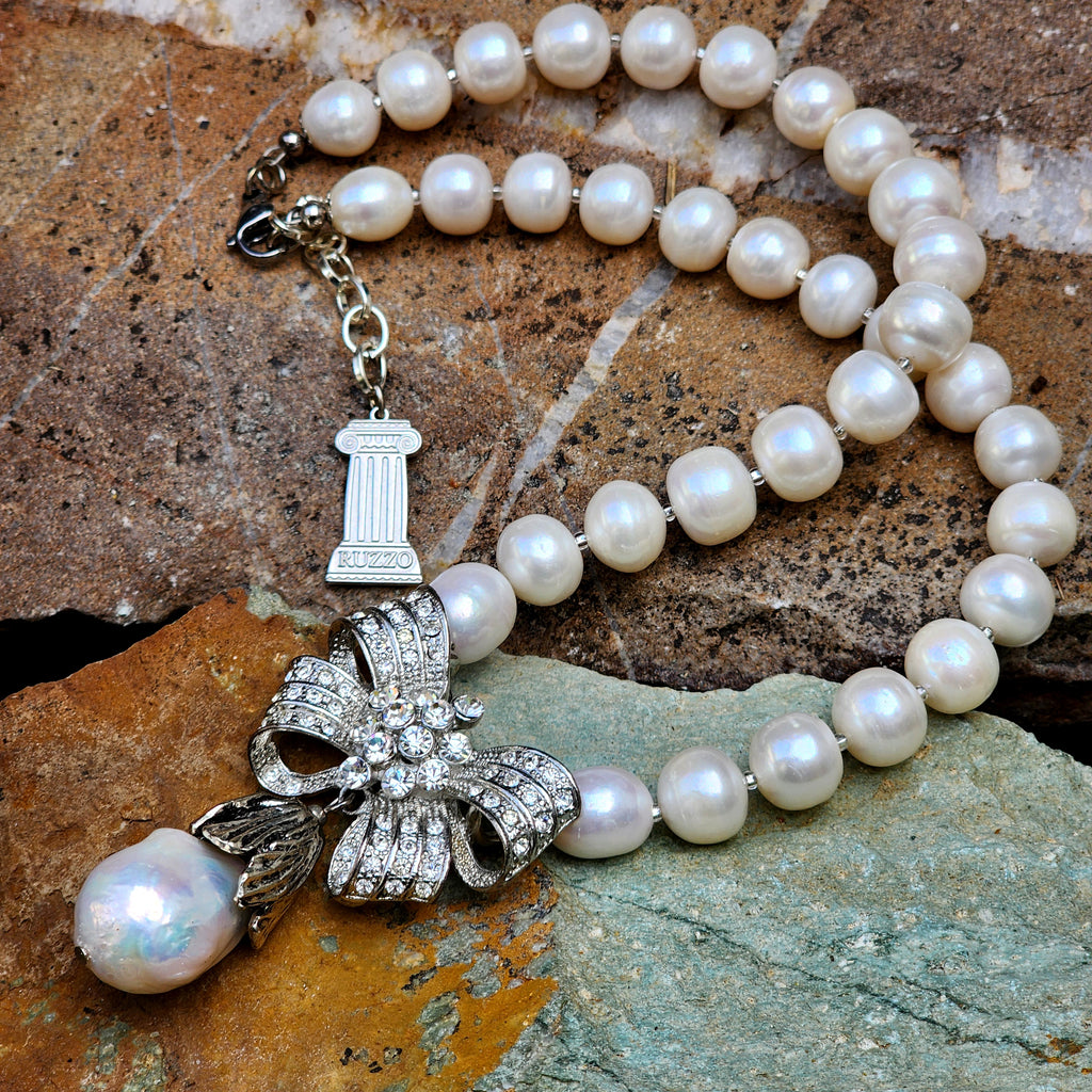 Drop Gorgeous / Classic Pearls Silver Necklace For Women Bow Necklace Large Baroque Pearl Pendant Unique Pearls Jewelry Gift For Lady