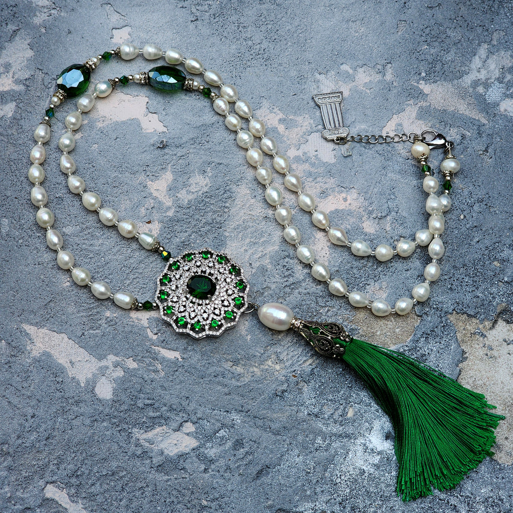 Open To New Love / Classic Pearls Silver Long Necklace For Women Tassel Necklace Pearl Pave Pendant Unique Pearls Jewelry Gift For Lady