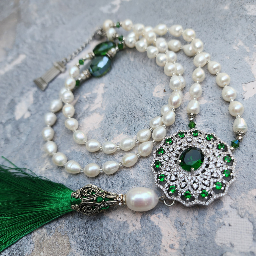 Open To New Love / Classic Pearls Silver Long Necklace For Women Tassel Necklace Pearl Pave Pendant Unique Pearls Jewelry Gift For Lady