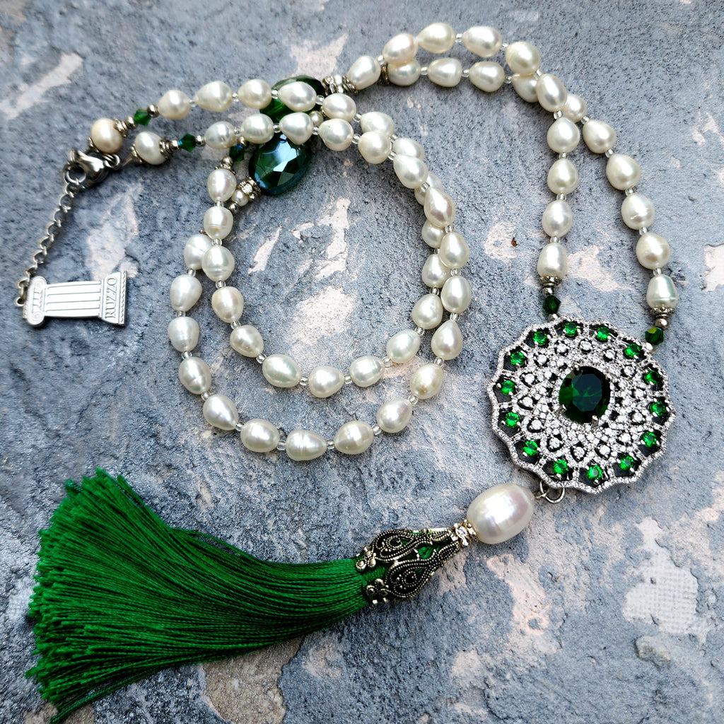 Open To New Love / Classic Pearls Silver Long Necklace For Women Tassel Necklace Pearl Pave Pendant Unique Pearls Jewelry Gift For Lady