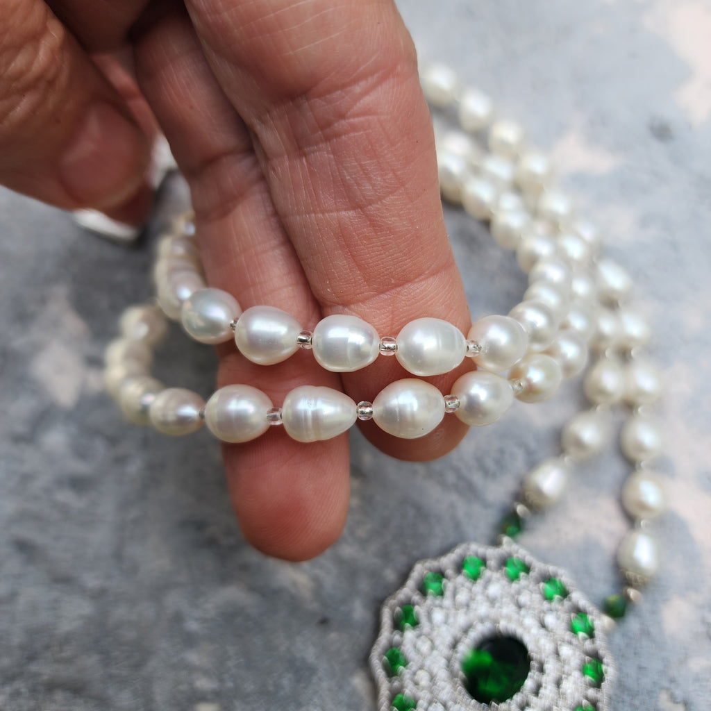 Open To New Love / Classic Pearls Silver Long Necklace For Women Tassel Necklace Pearl Pave Pendant Unique Pearls Jewelry Gift For Lady