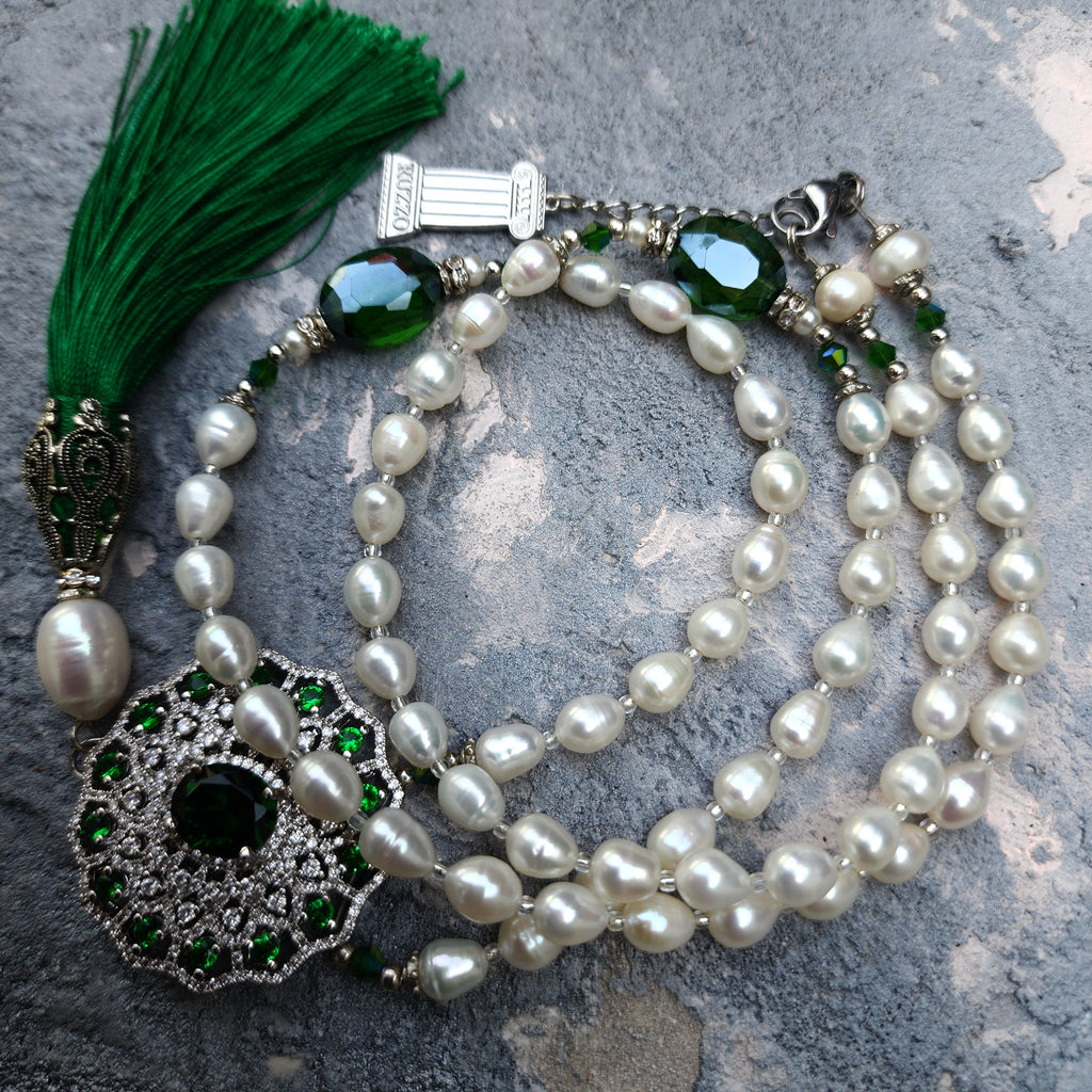 Open To New Love / Classic Pearls Silver Long Necklace For Women Tassel Necklace Pearl Pave Pendant Unique Pearls Jewelry Gift For Lady