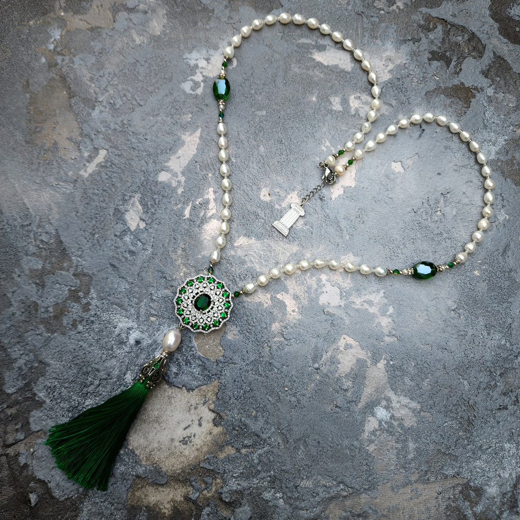 Open To New Love / Classic Pearls Silver Long Necklace For Women Tassel Necklace Pearl Pave Pendant Unique Pearls Jewelry Gift For Lady