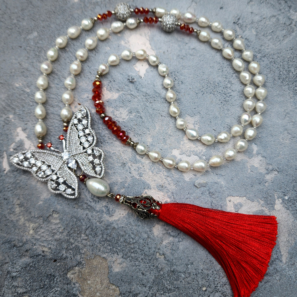 Oyi LaLa / Classic Pearls Silver Long Necklace For Women Tassel Necklace Pearl Butterfly Pendant Unique Pearls Jewelry Gift For Lady