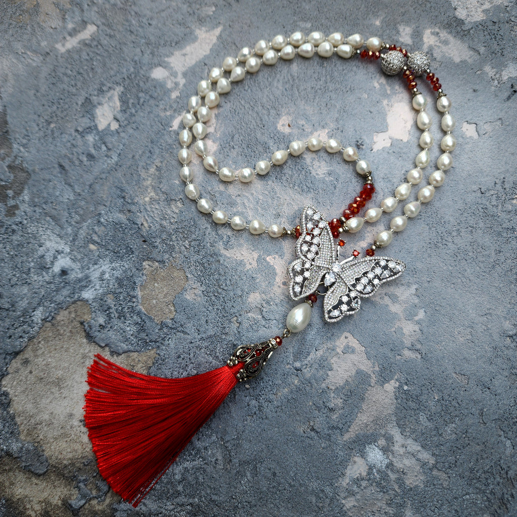 Oyi LaLa / Classic Pearls Silver Long Necklace For Women Tassel Necklace Pearl Butterfly Pendant Unique Pearls Jewelry Gift For Lady