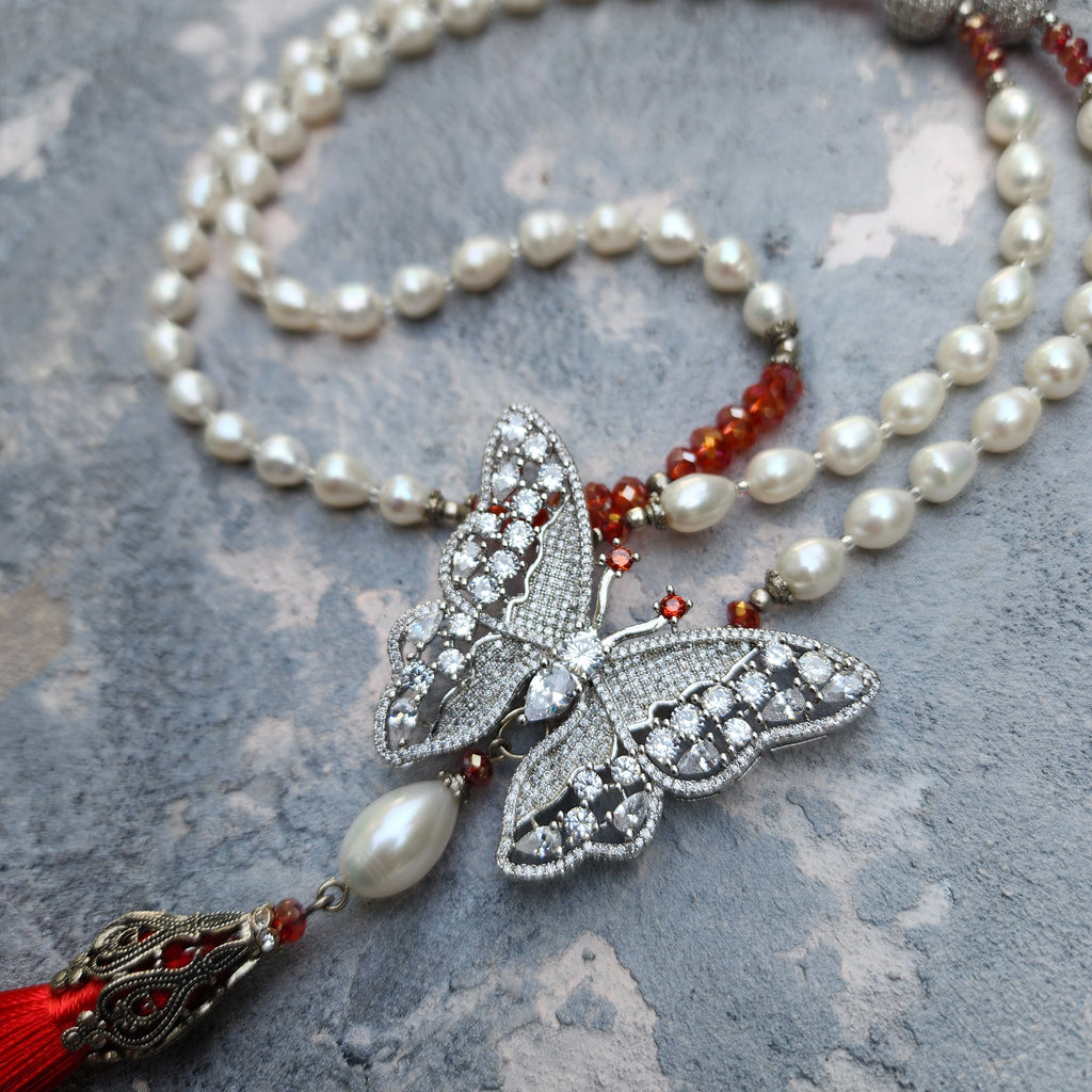 Oyi LaLa / Classic Pearls Silver Long Necklace For Women Tassel Necklace Pearl Butterfly Pendant Unique Pearls Jewelry Gift For Lady