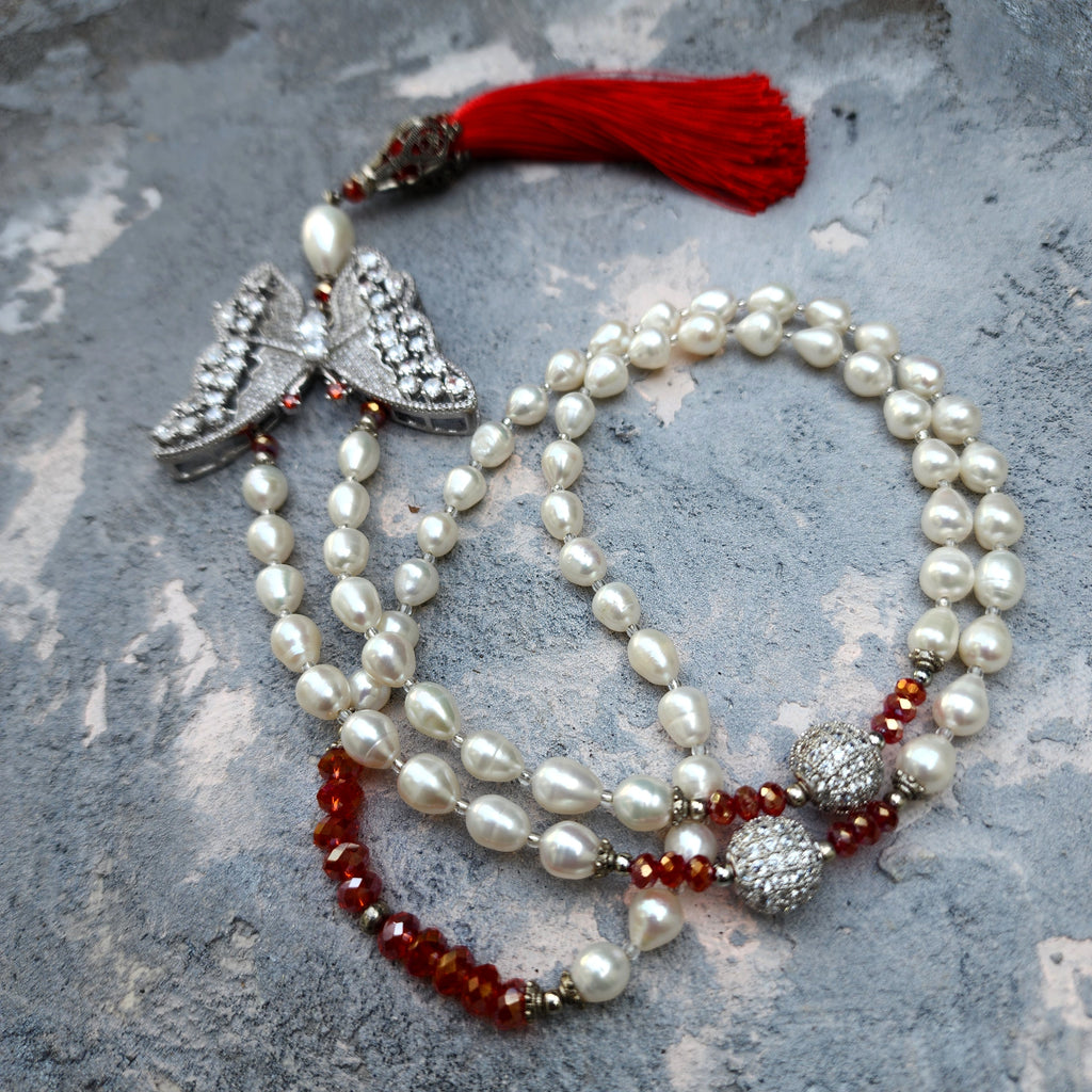 Oyi LaLa / Classic Pearls Silver Long Necklace For Women Tassel Necklace Pearl Butterfly Pendant Unique Pearls Jewelry Gift For Lady