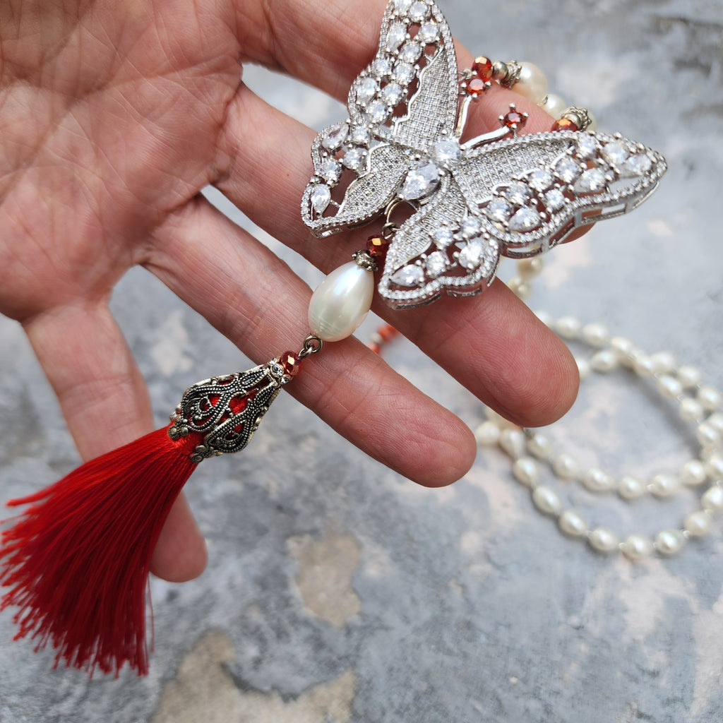 Oyi LaLa / Classic Pearls Silver Long Necklace For Women Tassel Necklace Pearl Butterfly Pendant Unique Pearls Jewelry Gift For Lady