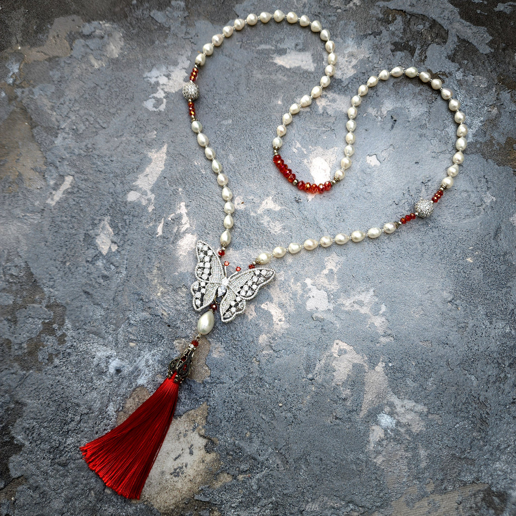 Oyi LaLa / Classic Pearls Silver Long Necklace For Women Tassel Necklace Pearl Butterfly Pendant Unique Pearls Jewelry Gift For Lady