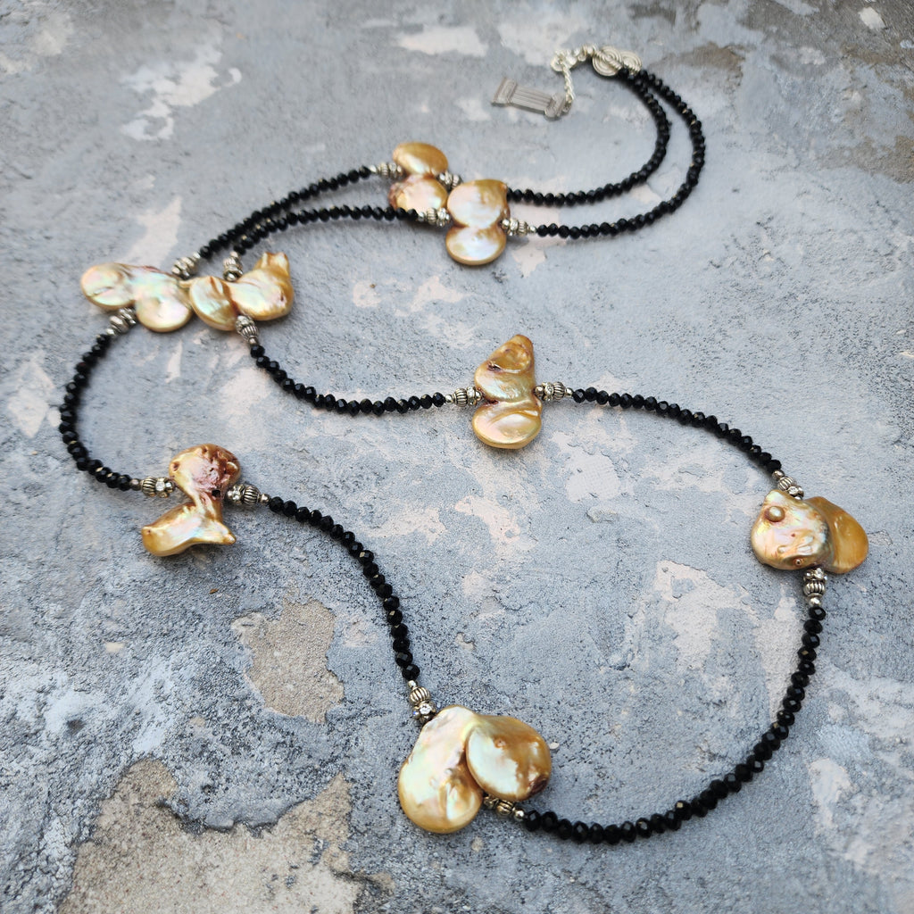 TAHITIAN GOLD / Designer Jewelry Long Necklace Elegant Jewelry Exotic Rare Pearl Necklace Austrian Crystal Necklace Gift for Momen