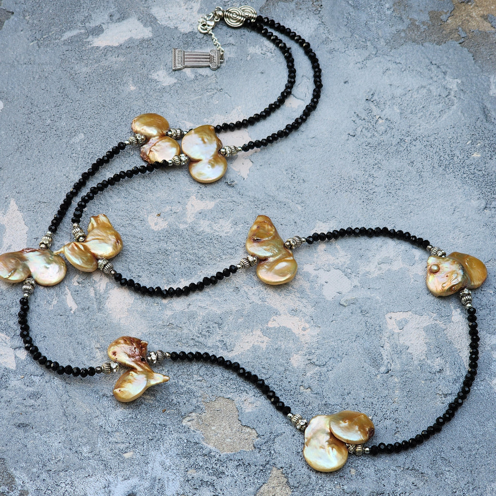 TAHITIAN GOLD / Designer Jewelry Long Necklace Elegant Jewelry Exotic Rare Pearl Necklace Austrian Crystal Necklace Gift for Momen