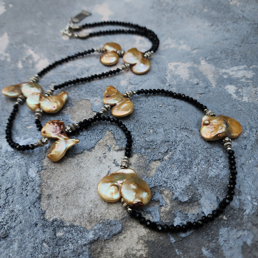 TAHITIAN GOLD / Designer Jewelry Long Necklace Elegant Jewelry Exotic Rare Pearl Necklace Austrian Crystal Necklace Gift for Momen