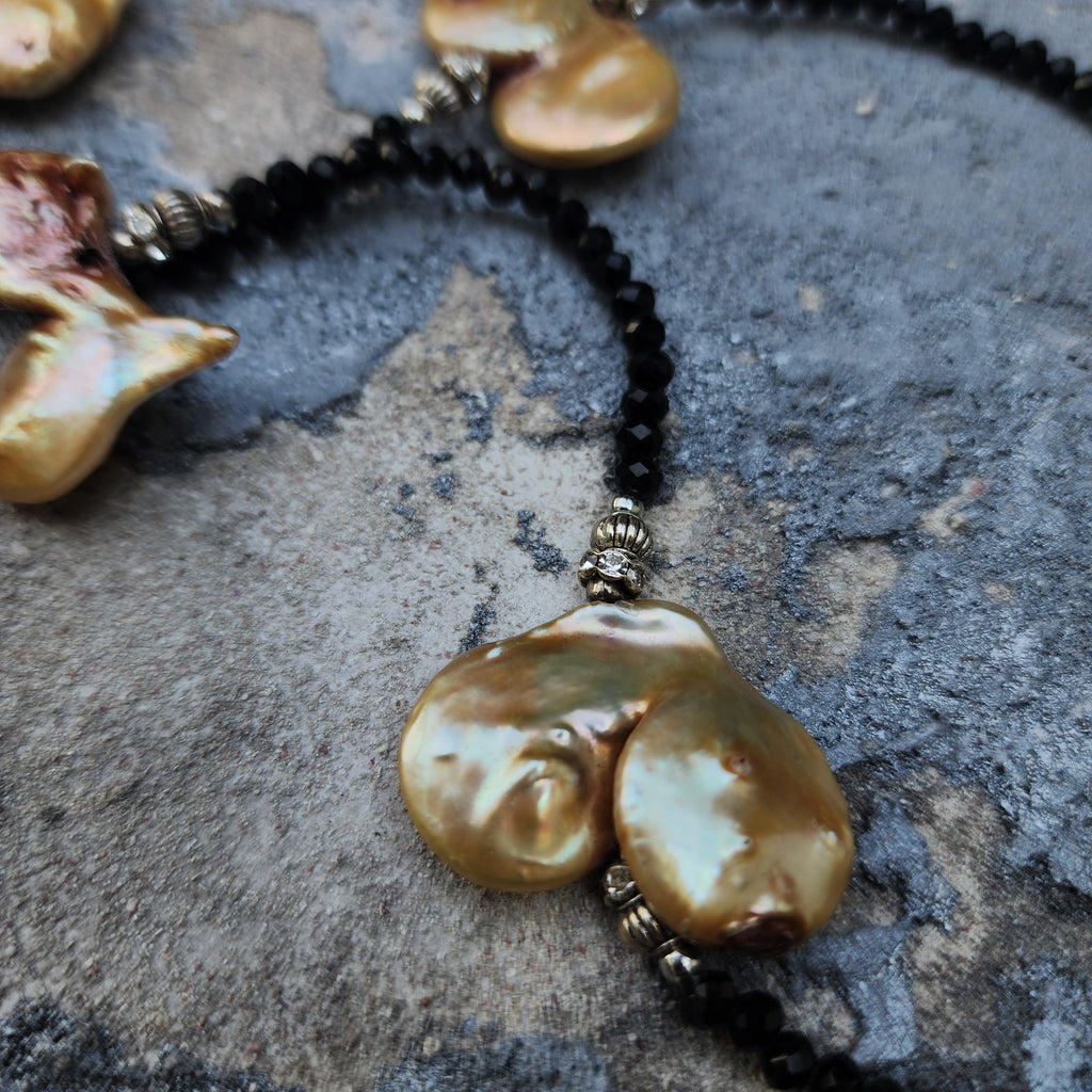 TAHITIAN GOLD / Designer Jewelry Long Necklace Elegant Jewelry Exotic Rare Pearl Necklace Austrian Crystal Necklace Gift for Momen