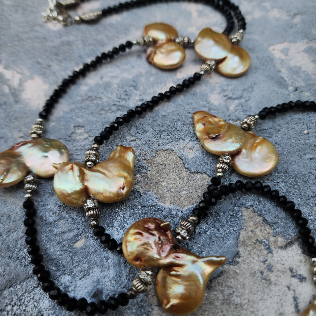 TAHITIAN GOLD / Designer Jewelry Long Necklace Elegant Jewelry Exotic Rare Pearl Necklace Austrian Crystal Necklace Gift for Momen