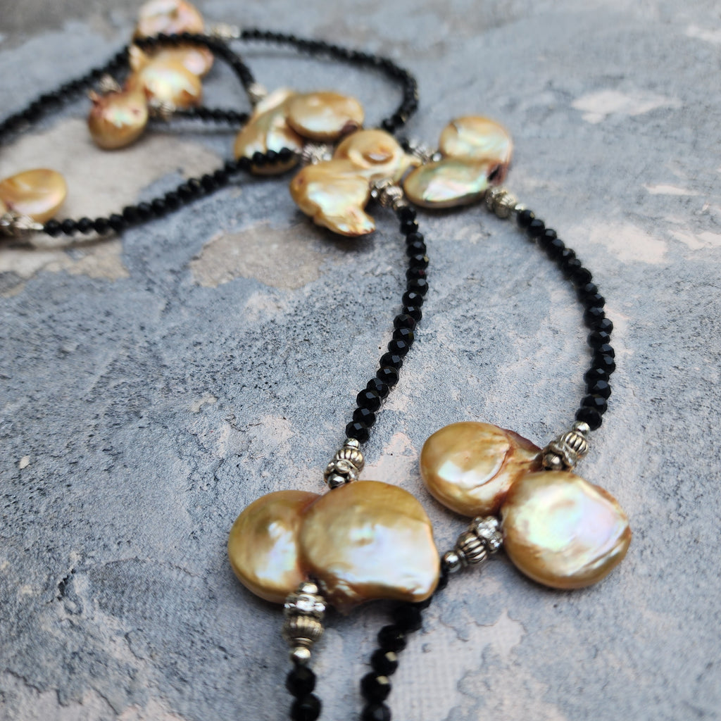 TAHITIAN GOLD / Designer Jewelry Long Necklace Elegant Jewelry Exotic Rare Pearl Necklace Austrian Crystal Necklace Gift for Momen