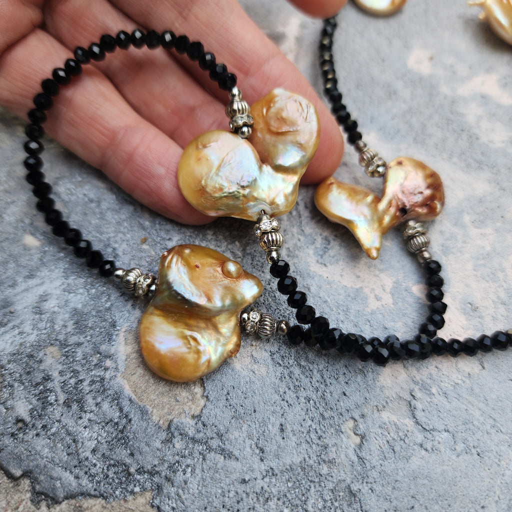 TAHITIAN GOLD / Designer Jewelry Long Necklace Elegant Jewelry Exotic Rare Pearl Necklace Austrian Crystal Necklace Gift for Momen