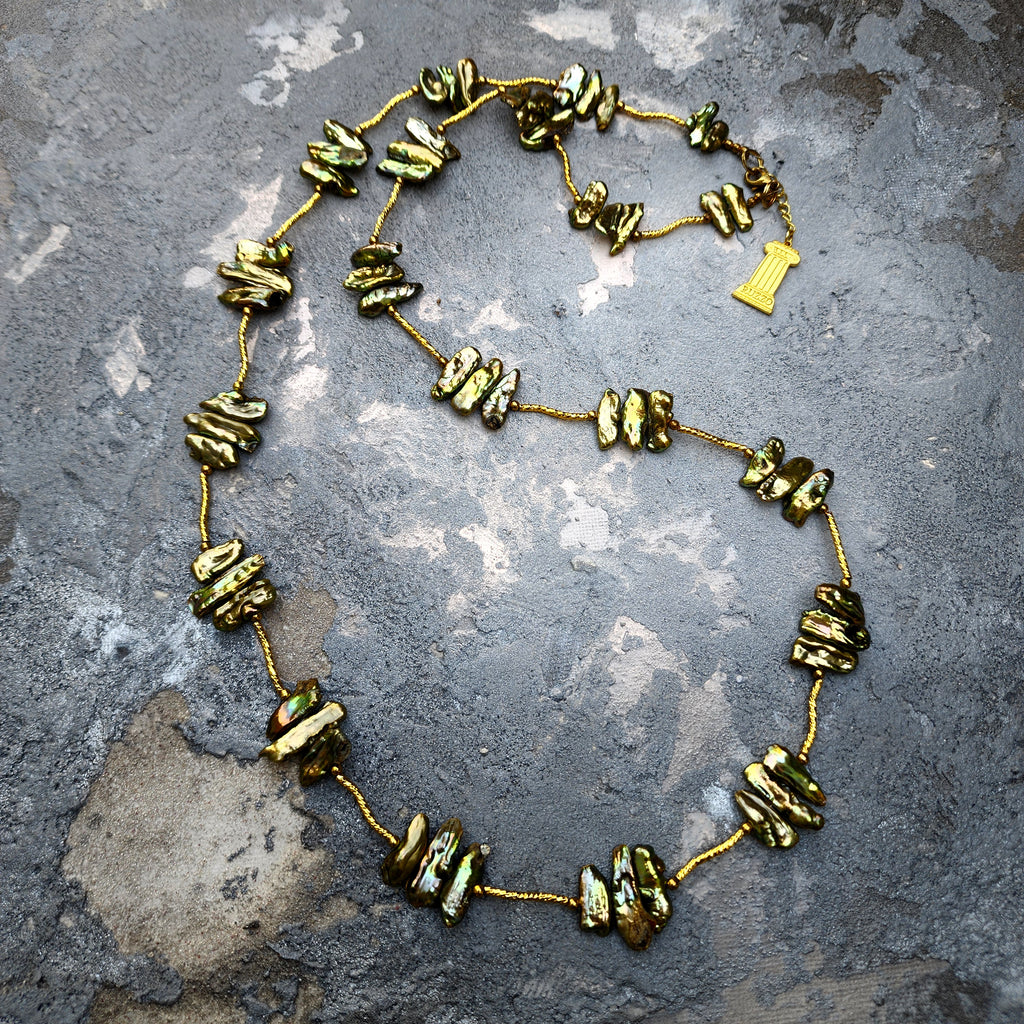 Jupiter / Designer Jewelry Long Necklace Elegant Jewelry Exotic Rare Gold Green Pearl Necklace Crystal Necklace Gift for Momen