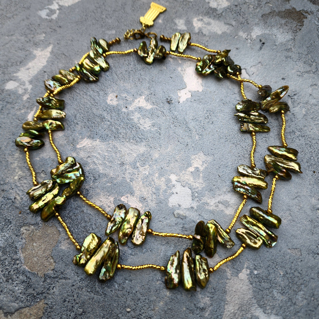 Jupiter / Designer Jewelry Long Necklace Elegant Jewelry Exotic Rare Gold Green Pearl Necklace Crystal Necklace Gift for Momen