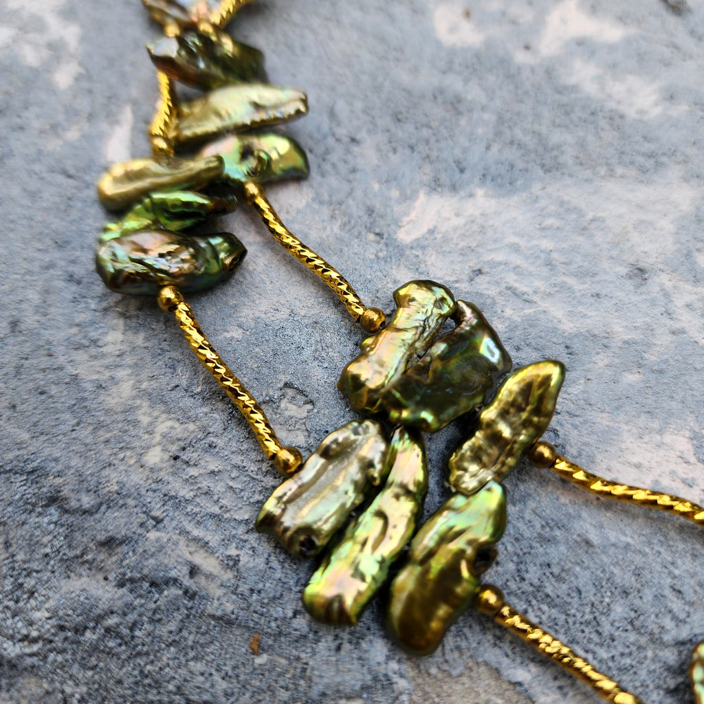 Jupiter / Designer Jewelry Long Necklace Elegant Jewelry Exotic Rare Gold Green Pearl Necklace Crystal Necklace Gift for Momen