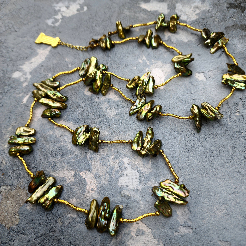 Jupiter / Designer Jewelry Long Necklace Elegant Jewelry Exotic Rare Gold Green Pearl Necklace Crystal Necklace Gift for Momen