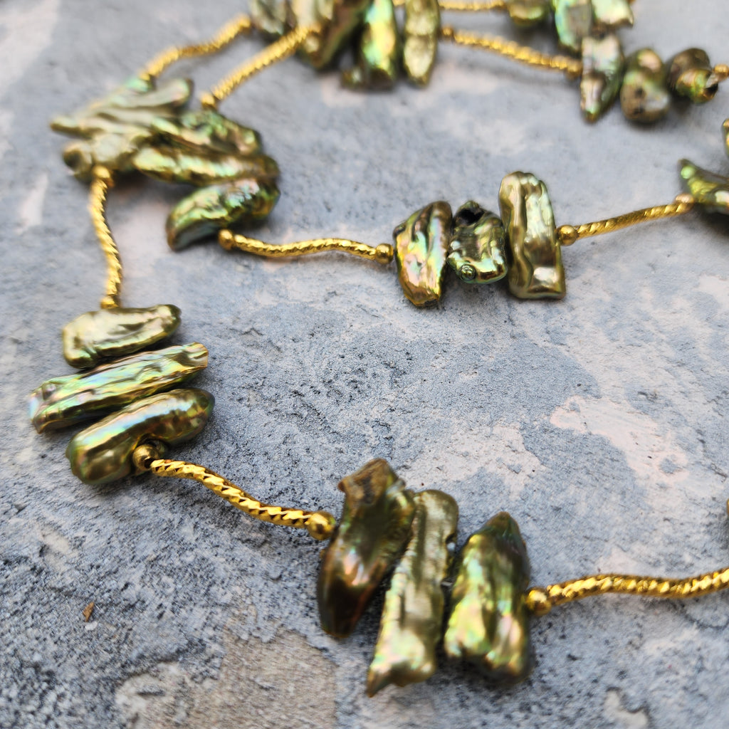 Jupiter / Designer Jewelry Long Necklace Elegant Jewelry Exotic Rare Gold Green Pearl Necklace Crystal Necklace Gift for Momen