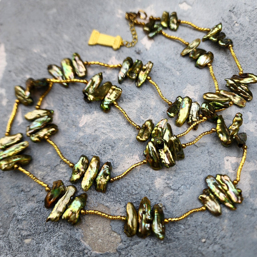 Jupiter / Designer Jewelry Long Necklace Elegant Jewelry Exotic Rare Gold Green Pearl Necklace Crystal Necklace Gift for Momen