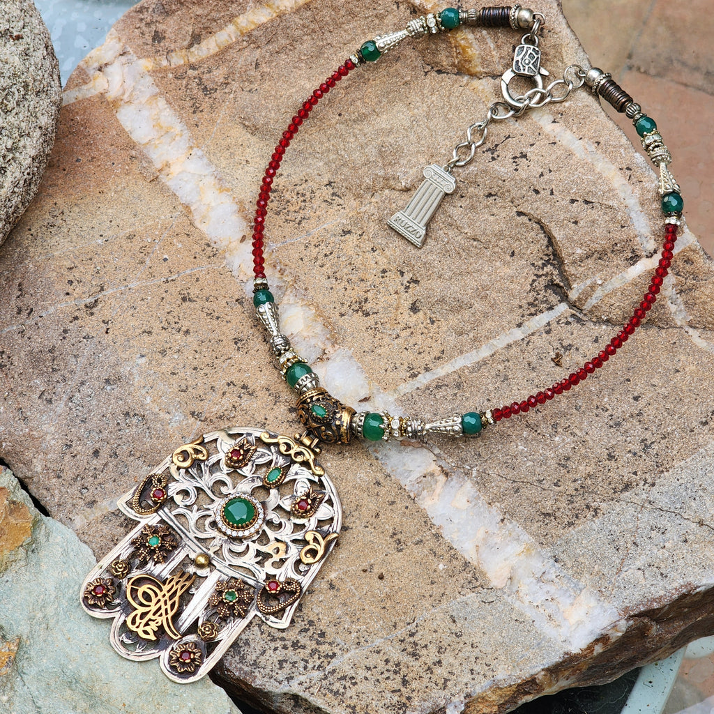 Trip To Morocco / Designer Logo Monogram Solid Sterling Silver 925 Antique Hamsa Pendant Exotic Necklace Austrian Crystal Necklace For Gift