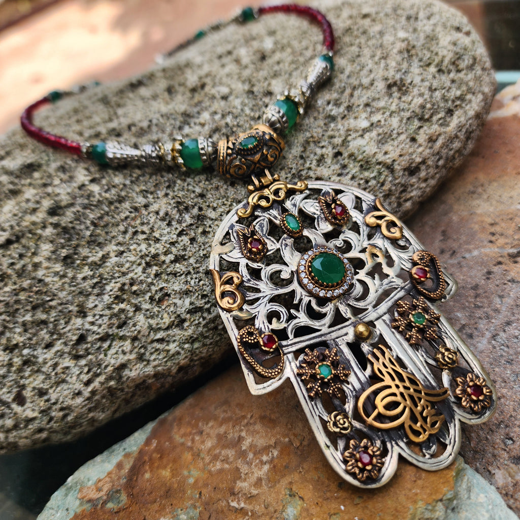 Trip To Morocco / Designer Logo Monogram Solid Sterling Silver 925 Antique Hamsa Pendant Exotic Necklace Austrian Crystal Necklace For Gift