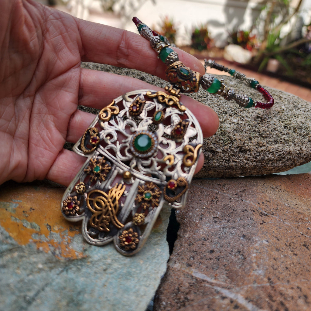 Trip To Morocco / Designer Logo Monogram Solid Sterling Silver 925 Antique Hamsa Pendant Exotic Necklace Austrian Crystal Necklace For Gift