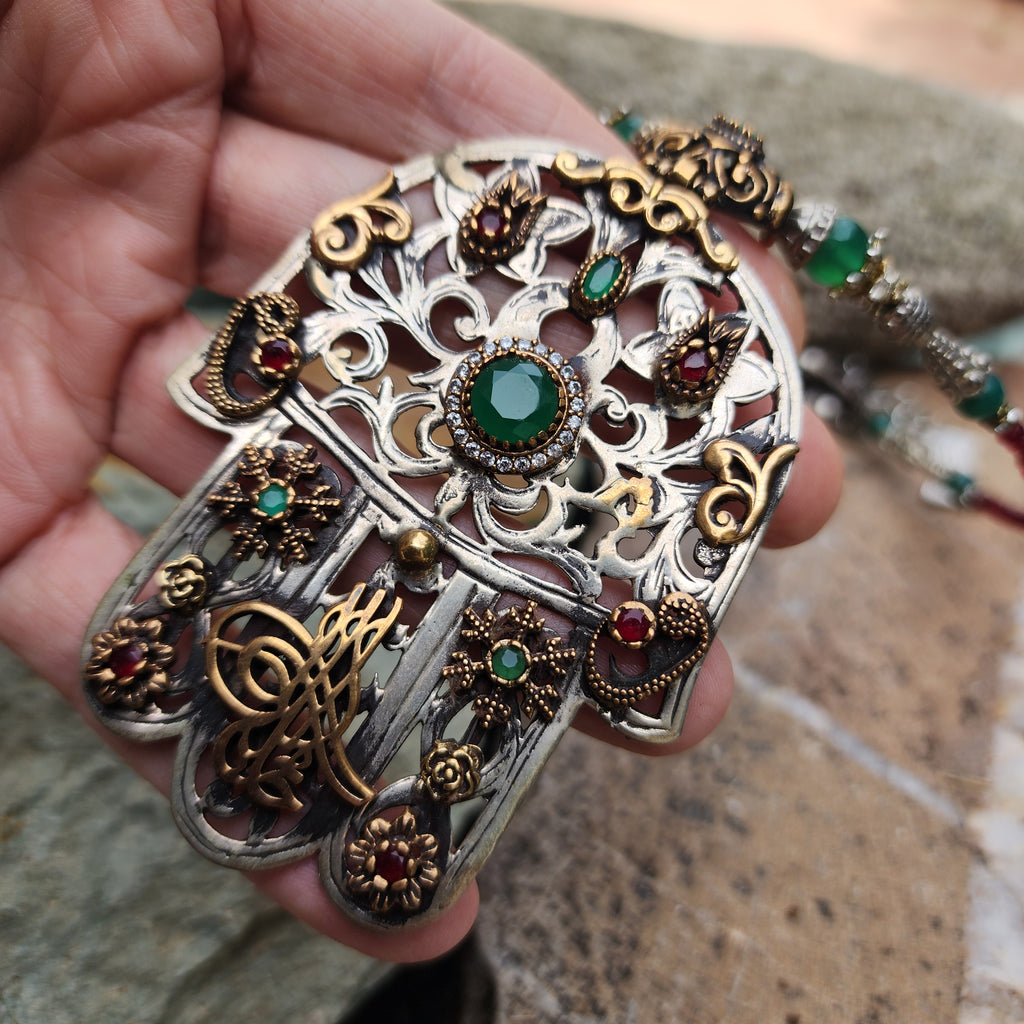 Trip To Morocco / Designer Logo Monogram Solid Sterling Silver 925 Antique Hamsa Pendant Exotic Necklace Austrian Crystal Necklace For Gift