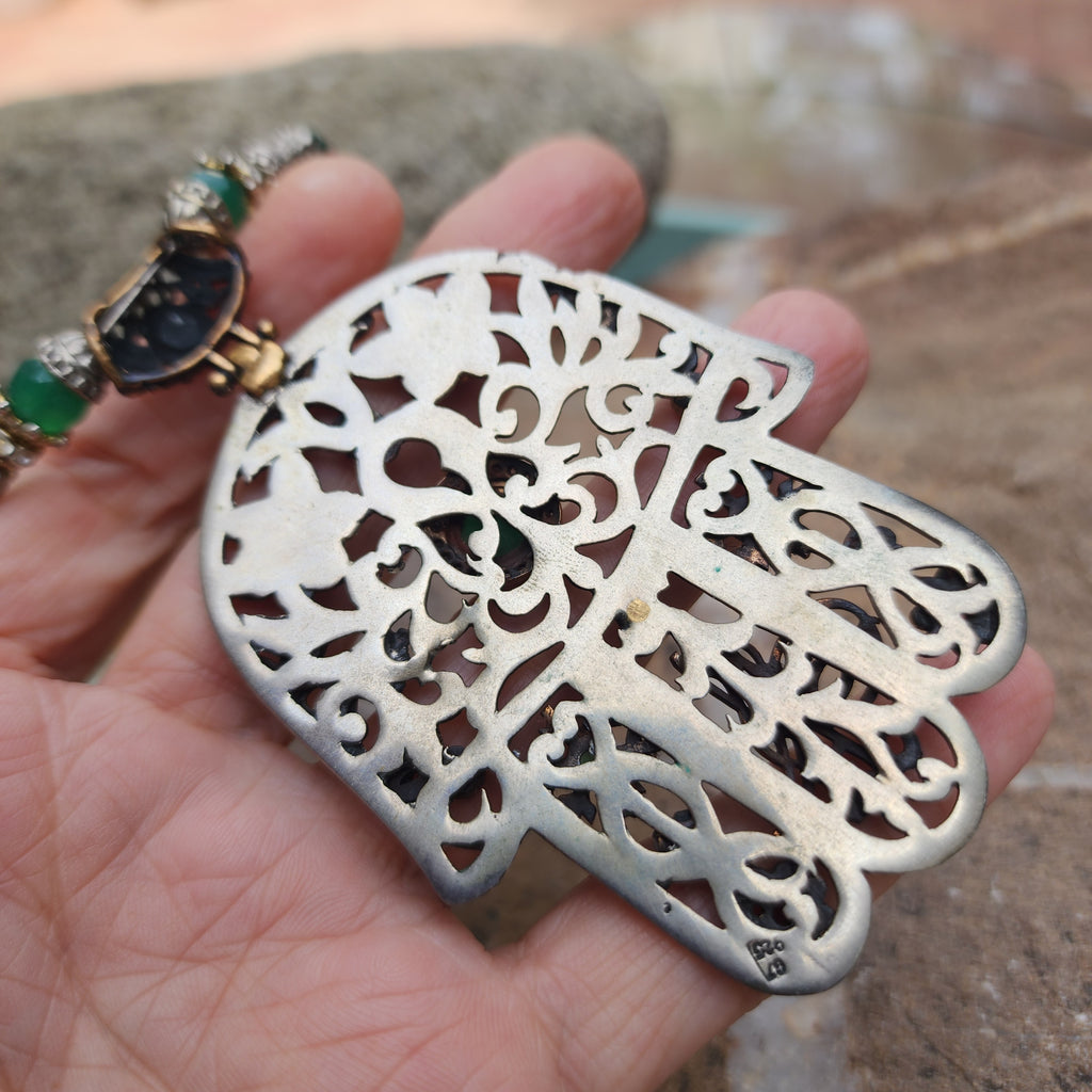 Trip To Morocco / Designer Logo Monogram Solid Sterling Silver 925 Antique Hamsa Pendant Exotic Necklace Austrian Crystal Necklace For Gift