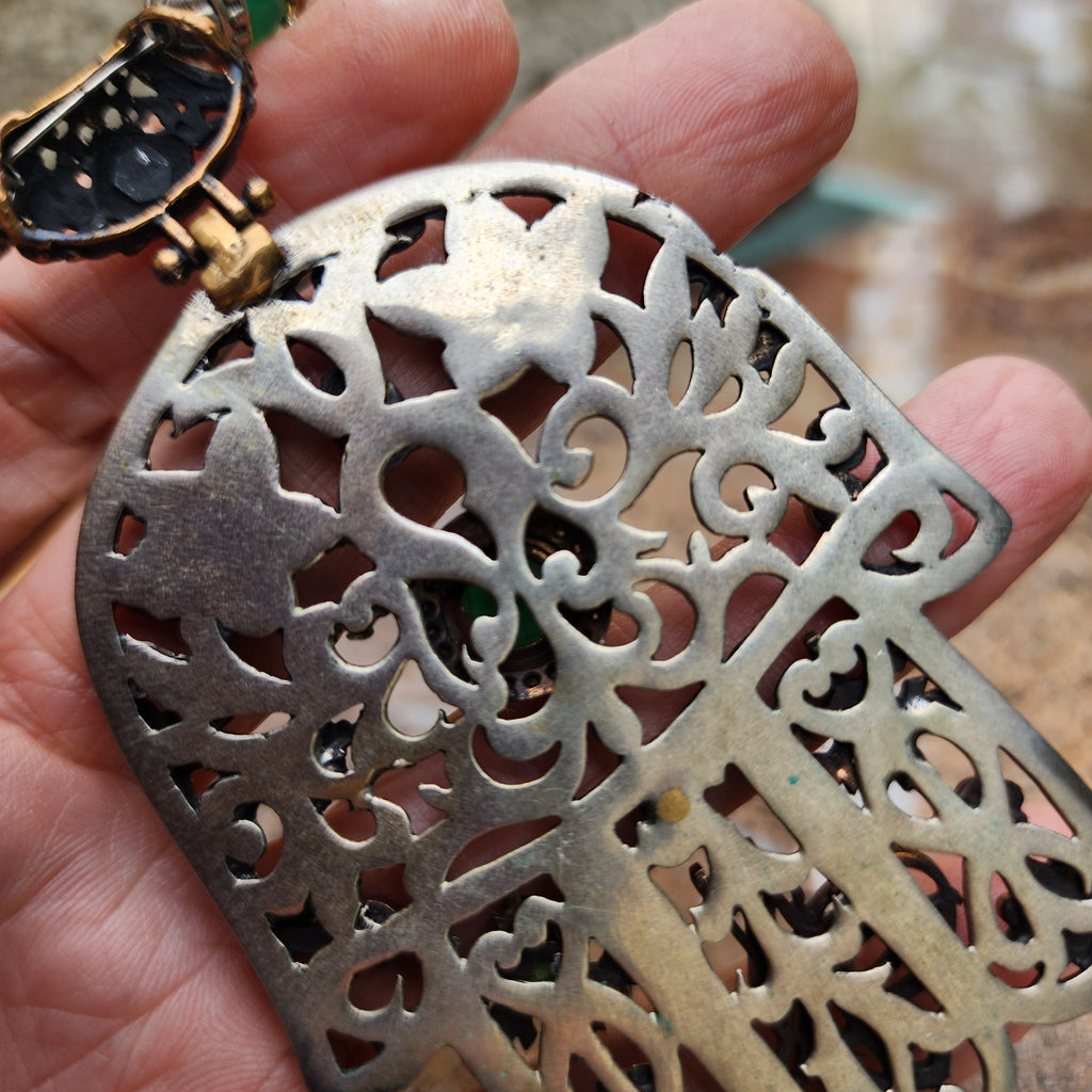 Trip To Morocco / Designer Logo Monogram Solid Sterling Silver 925 Antique Hamsa Pendant Exotic Necklace Austrian Crystal Necklace For Gift