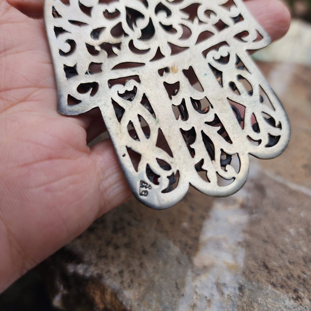 Trip To Morocco / Designer Logo Monogram Solid Sterling Silver 925 Antique Hamsa Pendant Exotic Necklace Austrian Crystal Necklace For Gift