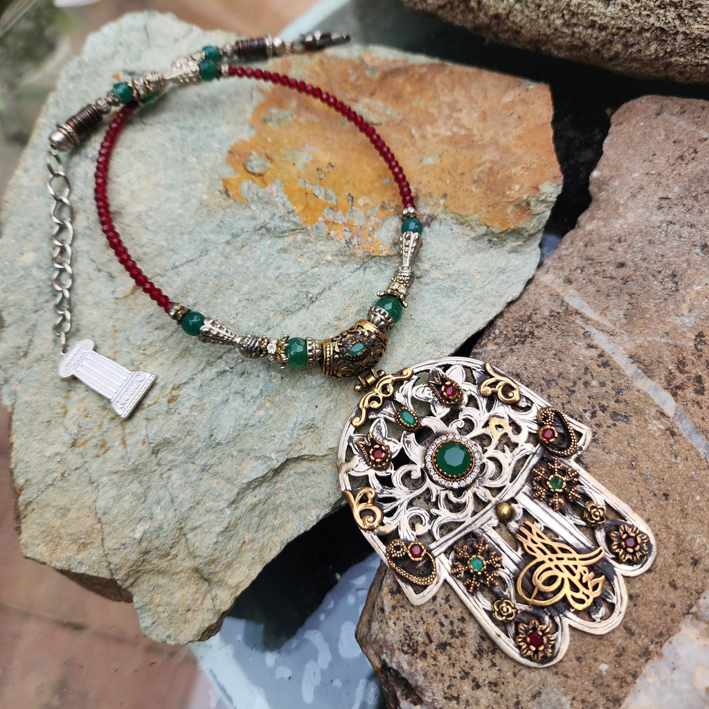 Trip To Morocco / Designer Logo Monogram Solid Sterling Silver 925 Antique Hamsa Pendant Exotic Necklace Austrian Crystal Necklace For Gift