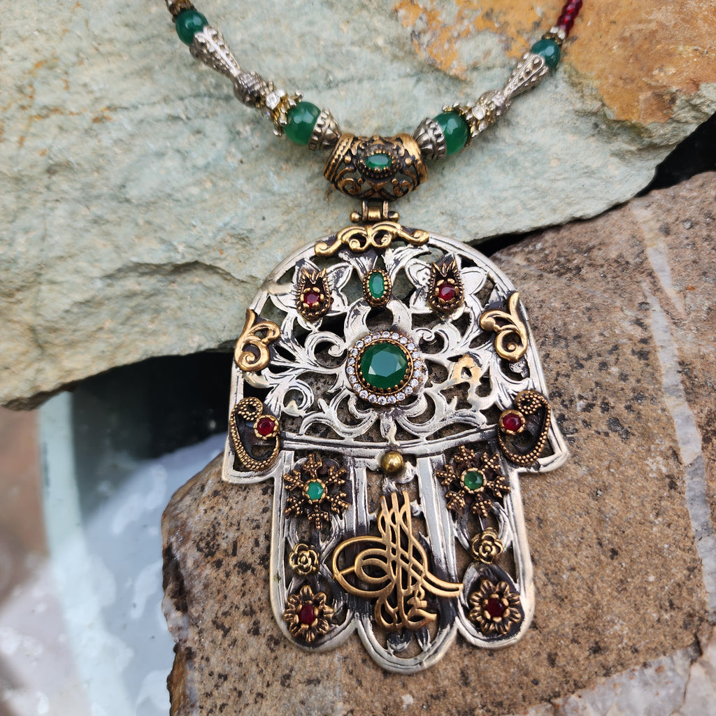 Trip To Morocco / Designer Logo Monogram Solid Sterling Silver 925 Antique Hamsa Pendant Exotic Necklace Austrian Crystal Necklace For Gift