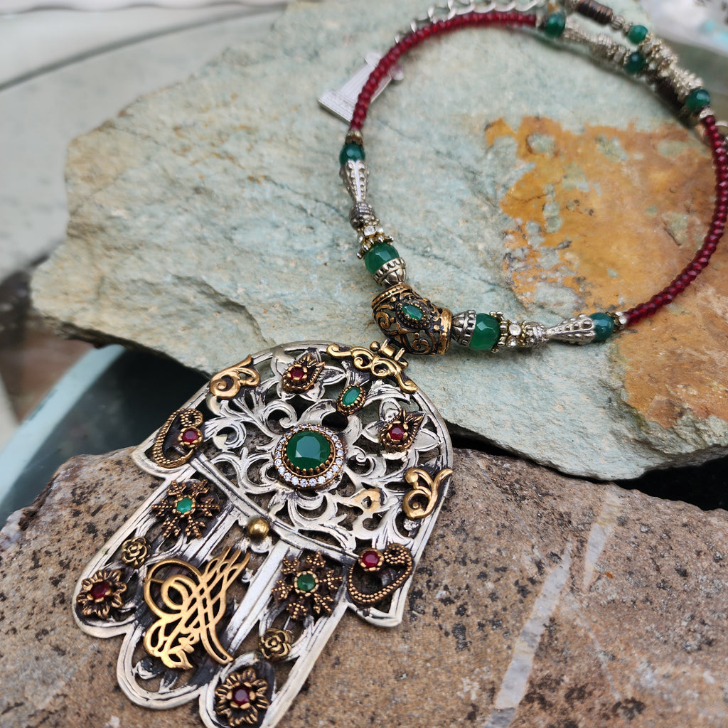 Trip To Morocco / Designer Logo Monogram Solid Sterling Silver 925 Antique Hamsa Pendant Exotic Necklace Austrian Crystal Necklace For Gift