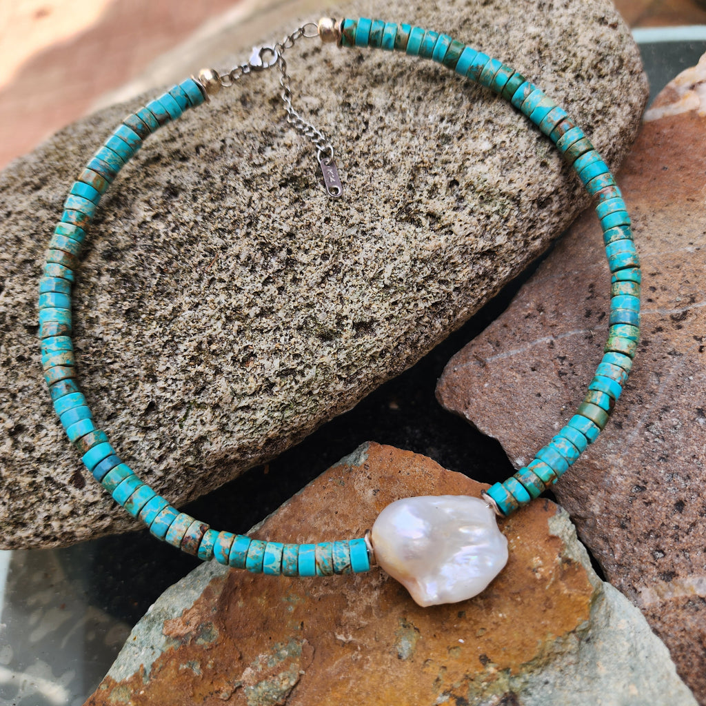 All Your Love / Boho Turquoise Necklace For Women Turquoise Shield Necklace Large Baroque Pearl Pendant Unique Jewelry Gift