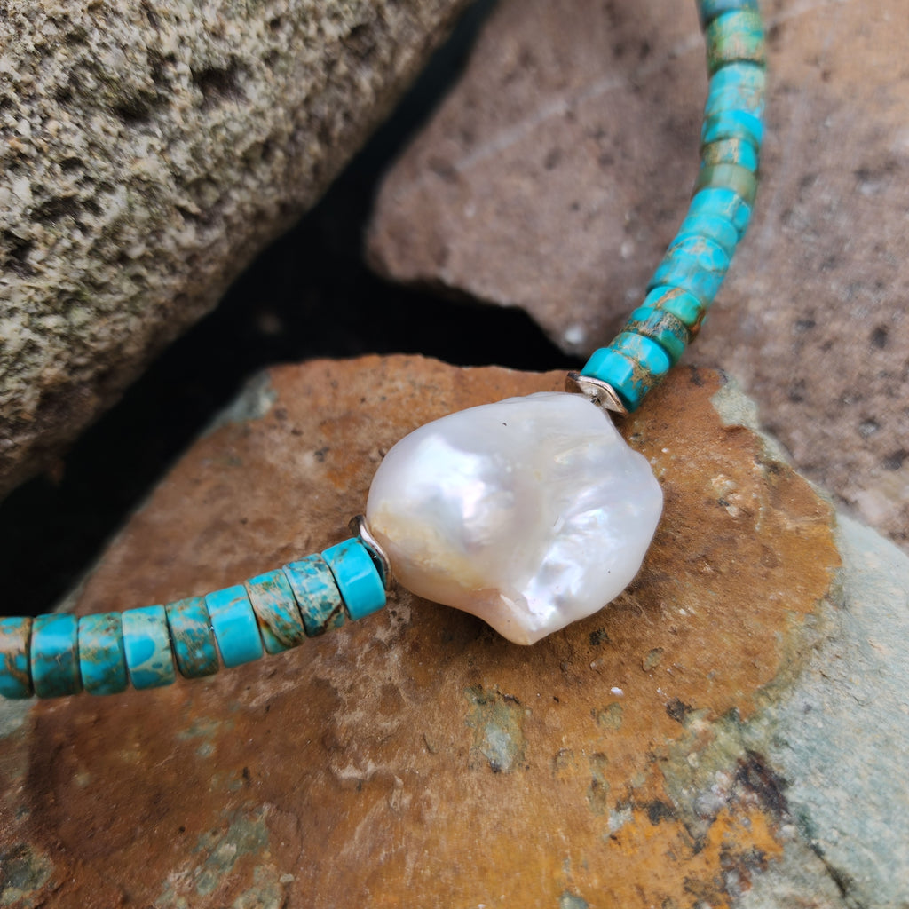 All Your Love / Boho Turquoise Necklace For Women Turquoise Shield Necklace Large Baroque Pearl Pendant Unique Jewelry Gift
