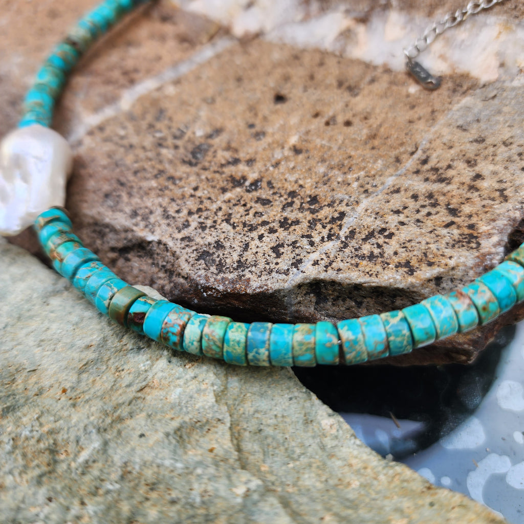 All Your Love / Boho Turquoise Necklace For Women Turquoise Shield Necklace Large Baroque Pearl Pendant Unique Jewelry Gift