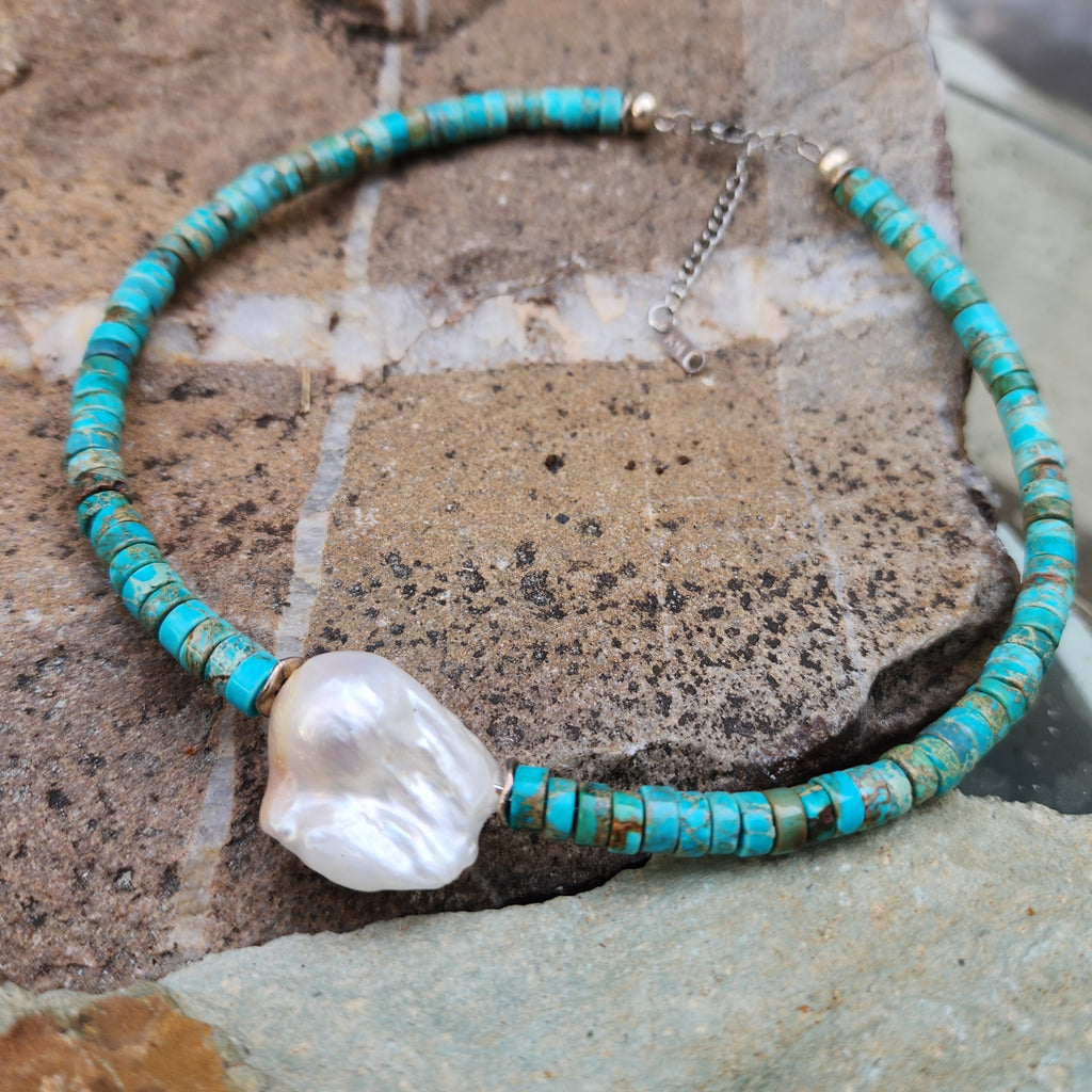 All Your Love / Boho Turquoise Necklace For Women Turquoise Shield Necklace Large Baroque Pearl Pendant Unique Jewelry Gift