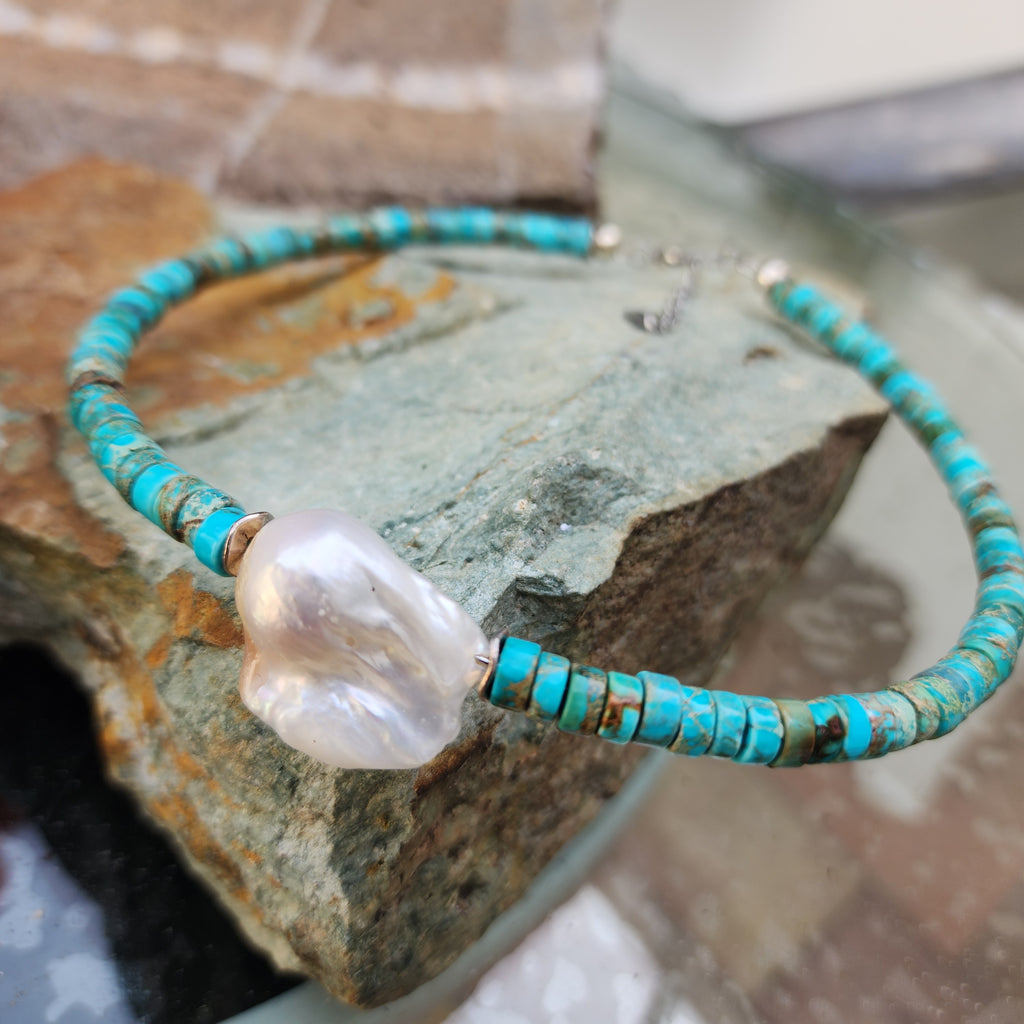 All Your Love / Boho Turquoise Necklace For Women Turquoise Shield Necklace Large Baroque Pearl Pendant Unique Jewelry Gift
