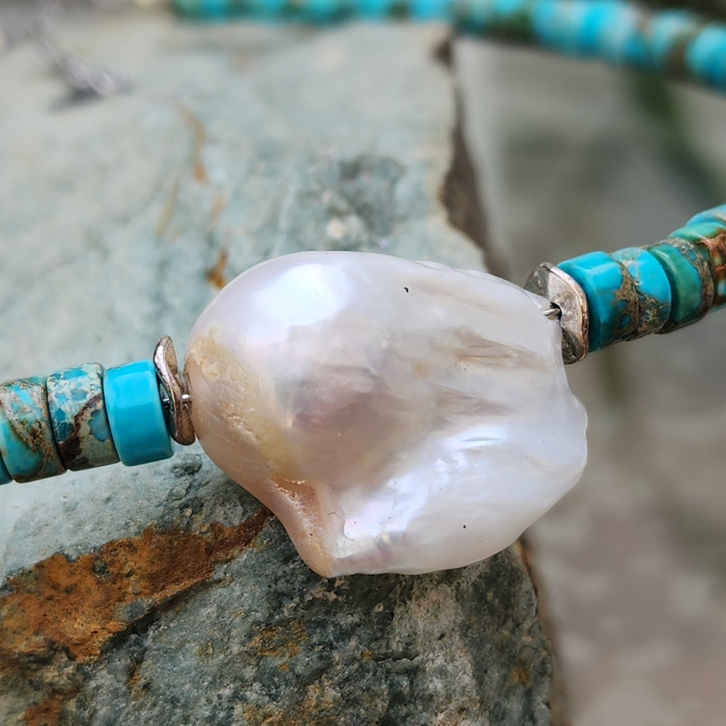 All Your Love / Boho Turquoise Necklace For Women Turquoise Shield Necklace Large Baroque Pearl Pendant Unique Jewelry Gift