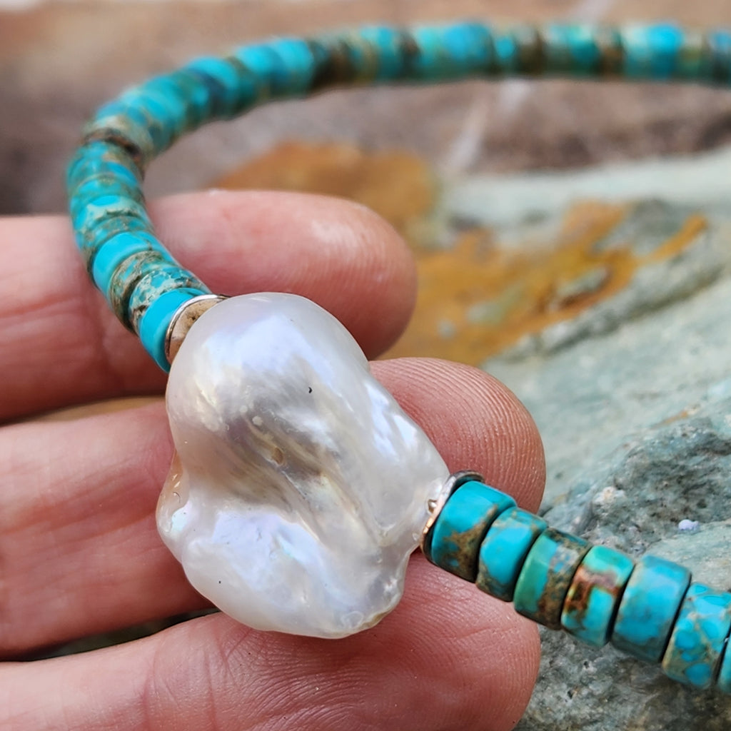 All Your Love / Boho Turquoise Necklace For Women Turquoise Shield Necklace Large Baroque Pearl Pendant Unique Jewelry Gift